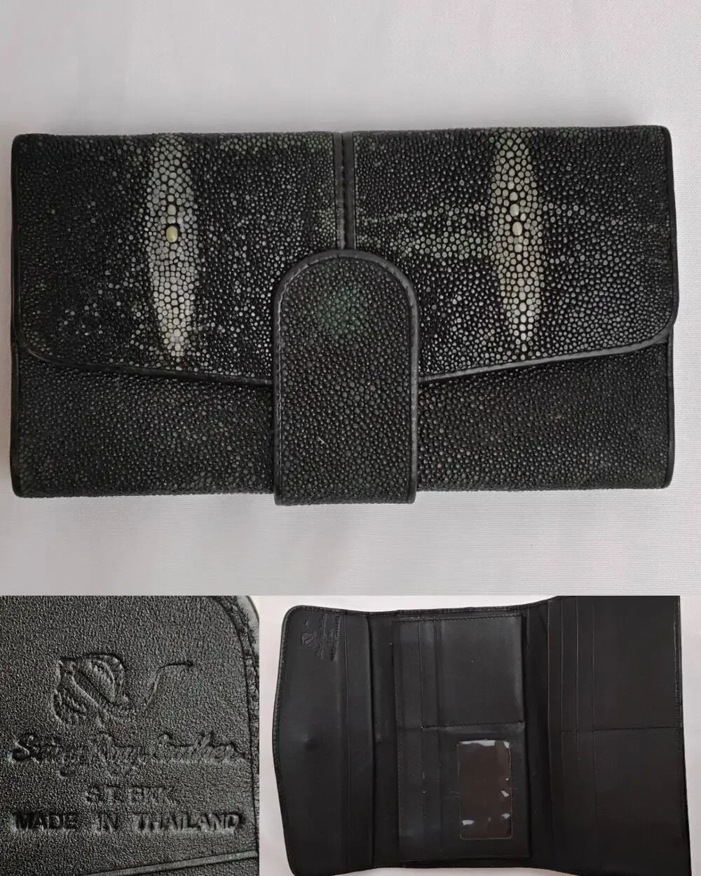 Genuine Stingray Leather TriFold Wallet Black/Green Textured Button Close #J5866